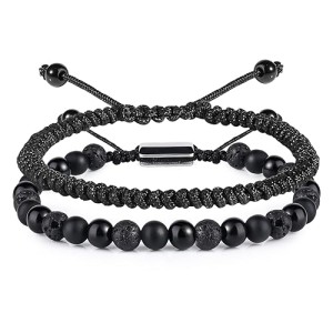 Black Beaded Bracelets for Men Boys - 6mm Obsidian Onyx Lava Beads Mens Bracelet Set for Couples - Christmas Gifts Birthday Gifts Mens Jewelry for Boy